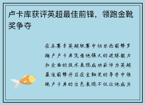 卢卡库获评英超最佳前锋，领跑金靴奖争夺