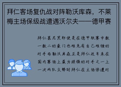 拜仁客场复仇战对阵勒沃库森，不莱梅主场保级战遭遇沃尔夫——德甲赛季关键之战