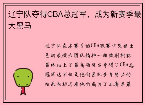 辽宁队夺得CBA总冠军，成为新赛季最大黑马