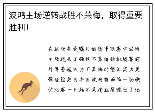 波鸿主场逆转战胜不莱梅，取得重要胜利！